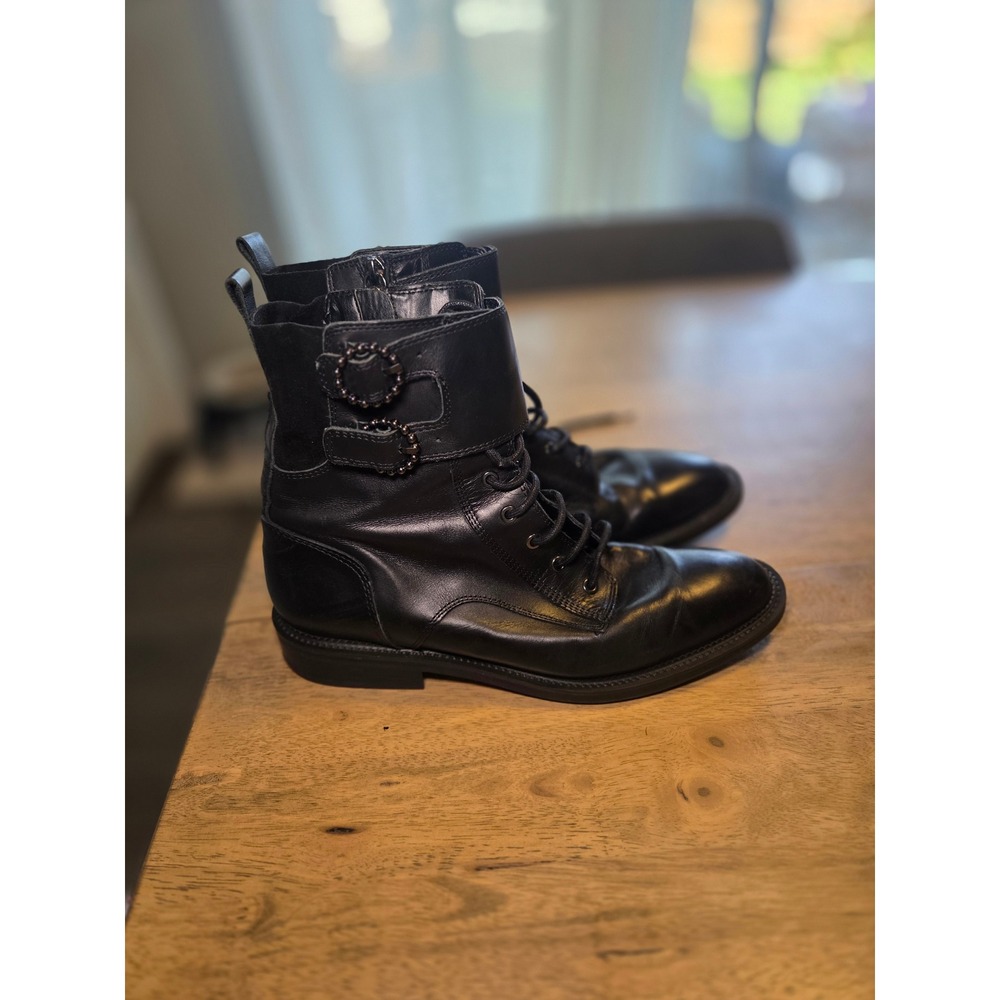 Zara Black Leather Combat Boots Buckle Strap Ankle Bootie Side Zip Sz 41
